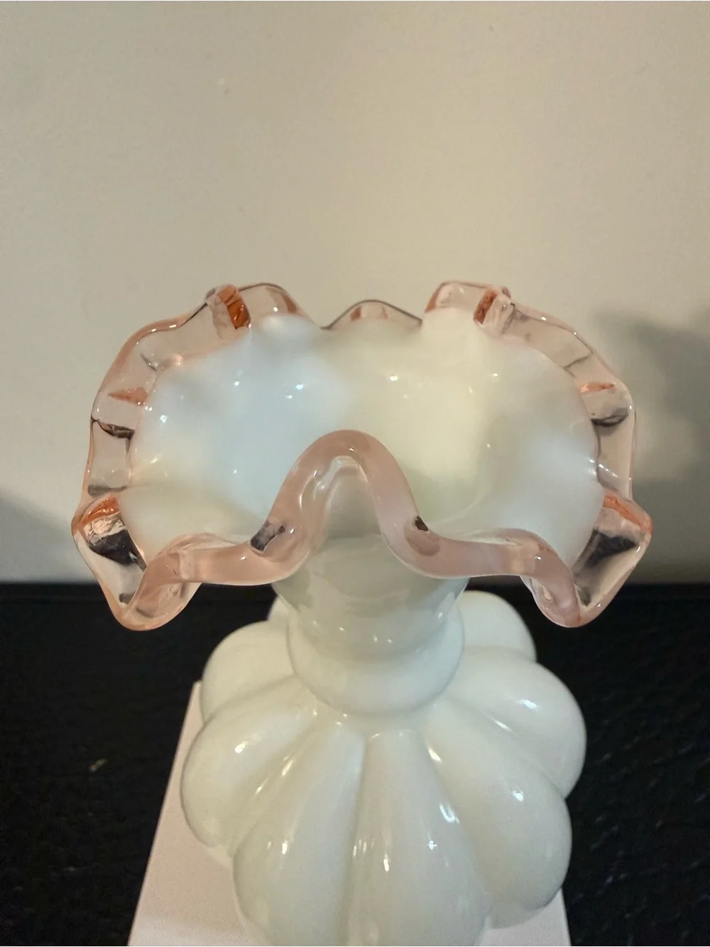 Siver crest Fenton White Milk Glass Vase Pink Interior Ruffled Edge